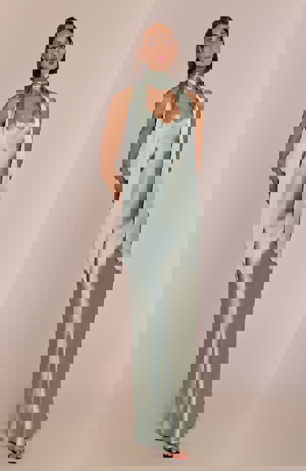 Rewritten London Brooklyn Dress in Sage Green Satin