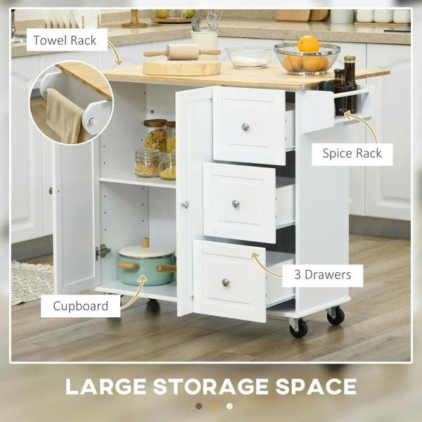 White kitchen island cart with spice rack, towel rack, open shelves, and 3 drawers