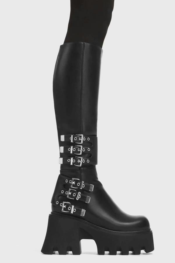 Lamoda My Prince Women’s Knee High Black PU Boots with Skull Accent Design