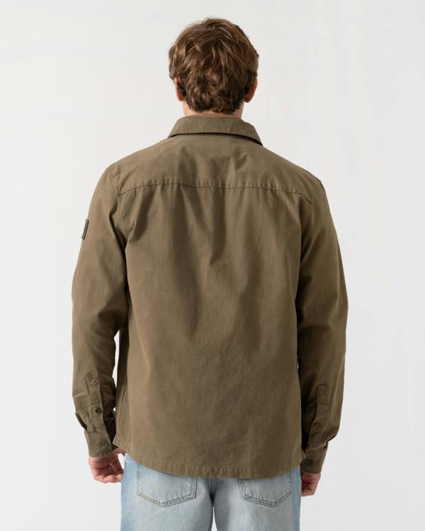 Back of Belstaff Mens Outpost Shirt Cotton Herringbone - Khaki Green