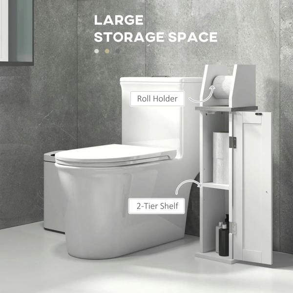 White bathroom floor cabinet with roll holder and two-tier shelf beside toilet