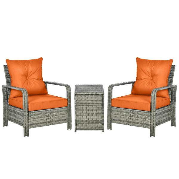 Wyld Haus Nola Nora Gey Rattan 3 Piece Bistro Set With Storage Coffee Table And Orange Cushions