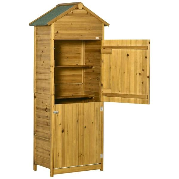 Wood garden storage shed cabinet with two doors and open interior shelves
