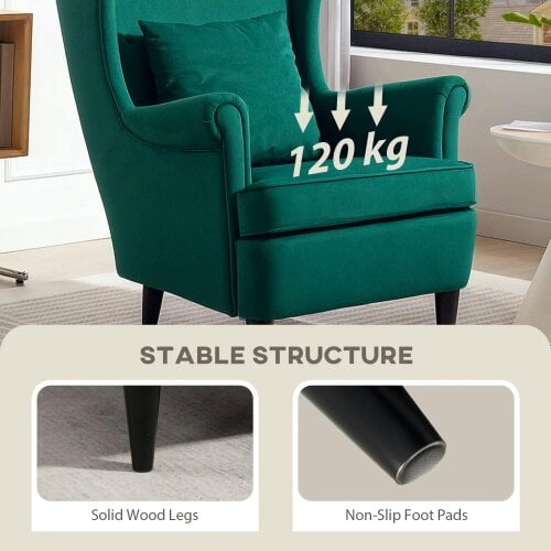 Wyld Haus Velvet Dark Green Wingback Accent Chair With High Back Pillow And Wooden Legs