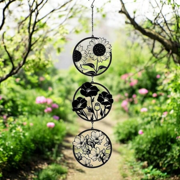 EDH Door Hardware Black Floral Silhouette Hanging Trio Spinner – 60cm x 15cm | Metal Kinetic Wind Spinner for Garden & Home