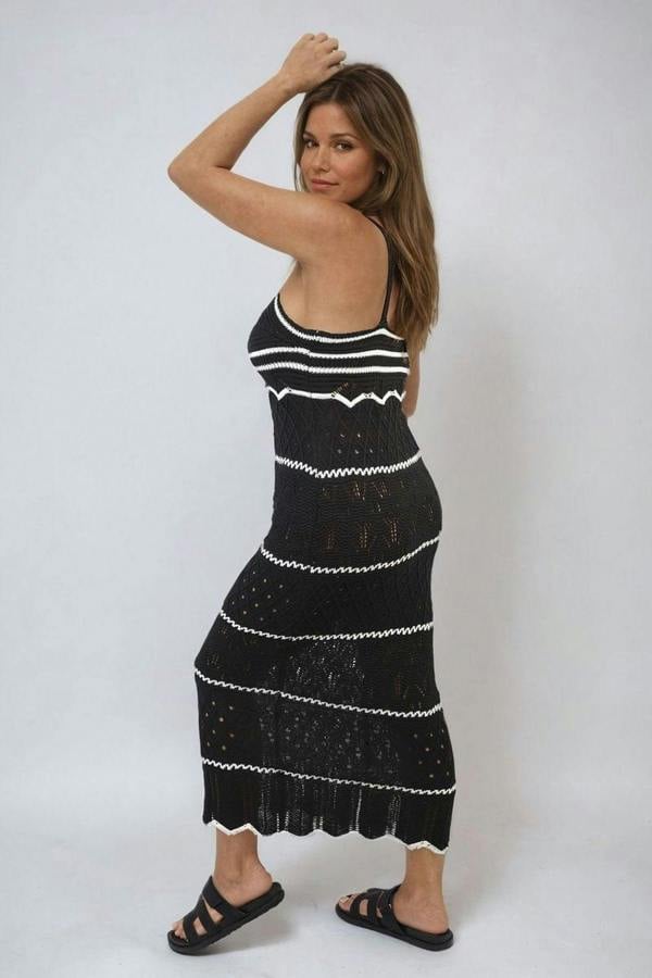 Ariana Strappy Long Knitted Stripe Cami Dress - Black
