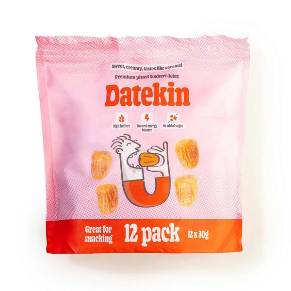 Datekin Sukkari Dates Family Bag (12 x 30g Packs) – Premium Soft Golden Dates | Healthy on-the-go Snacks | 100% Natural Superfood