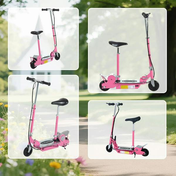Pink foldable electric scooter shown from multiple angles with black seat