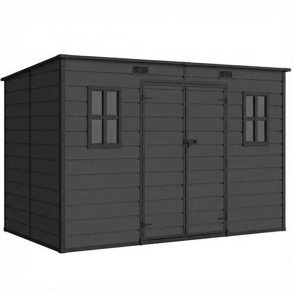 Bobobiy 10 x 6 ft Resin Garden Shed, Outdoor Storage Shed with Floor, Windows, Lockable Doors and Vents, Dark Grey