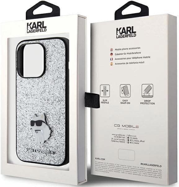 Karl Lagerfeld Fixed Glitter Choupette Logo Metal Pin Hard Case for iphone 15 Pro 6.1" Silver - KLHCP15LGCNPSG