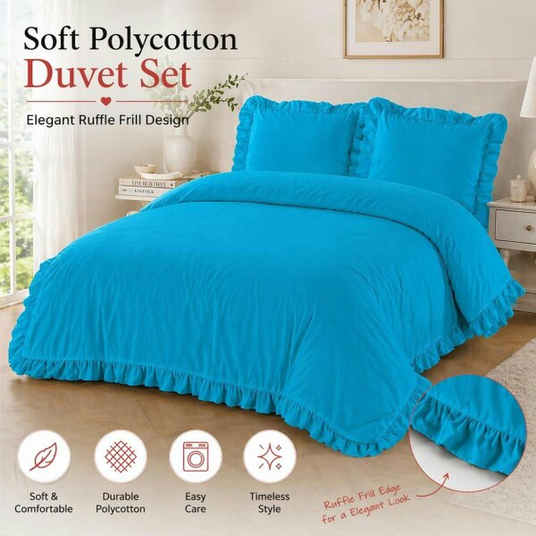 Night Zone Santiago Frilled Polycotton Duvet Cover Set – Easy Care Bedding with Pillowcases - Teal