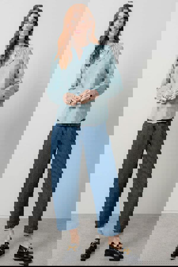 Lily & Me Emily Cotton Check Keyhole Blouse Ice Blue