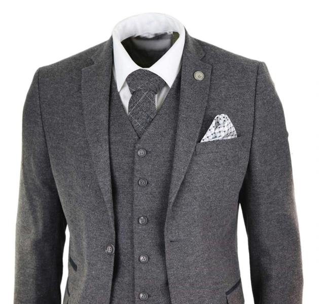 TruClothing Mens 3 Piece Grey Wool Tweed Vintage Retro Suit