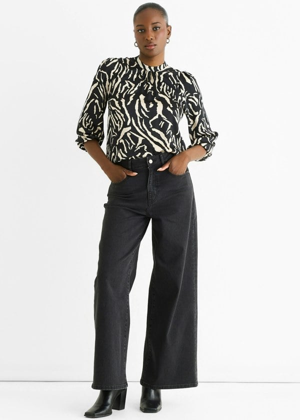 Gini London Black Animal High Neck Satin Blouse