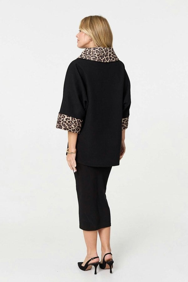 Black | Animal Print Trim 3/4 Sleeve Cape Coat
