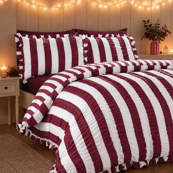Catherine Lansfield Seersucker Frill Stripe Duvet Cover Set Plum