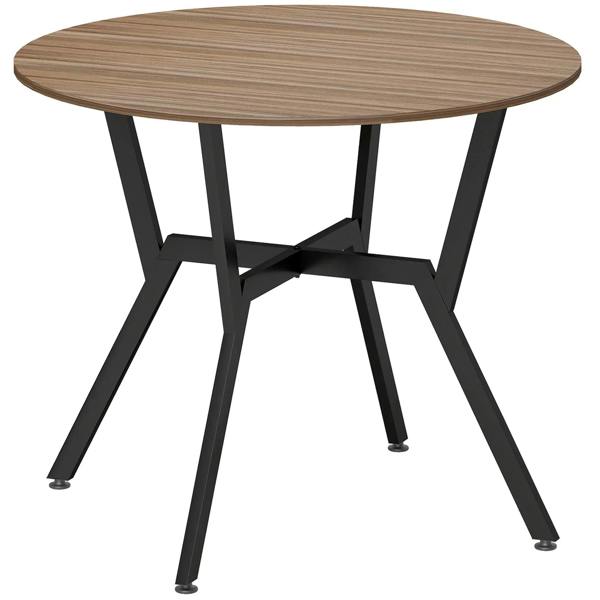 Round brown tabletop dining table with black cross-brace legs