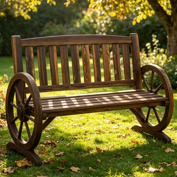 Gr8 Garden 2 Seater Wooden Garden Bench Wagon Wheel Style Outdoor Patio Seat Loveseat Chair