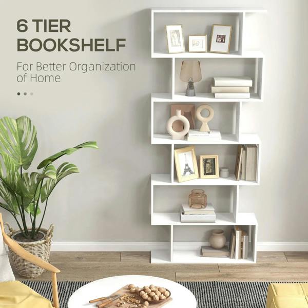 White 6-tier bookshelf with open shelves displaying books, frames, and vases