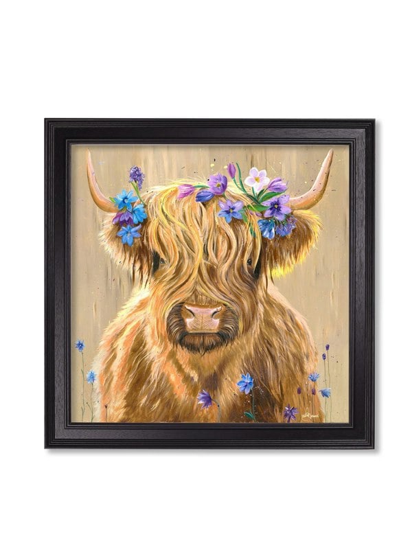 Exceptional Art Highland Cow Print 'Flower Girl' by Amy Ansell - Black Square Frame