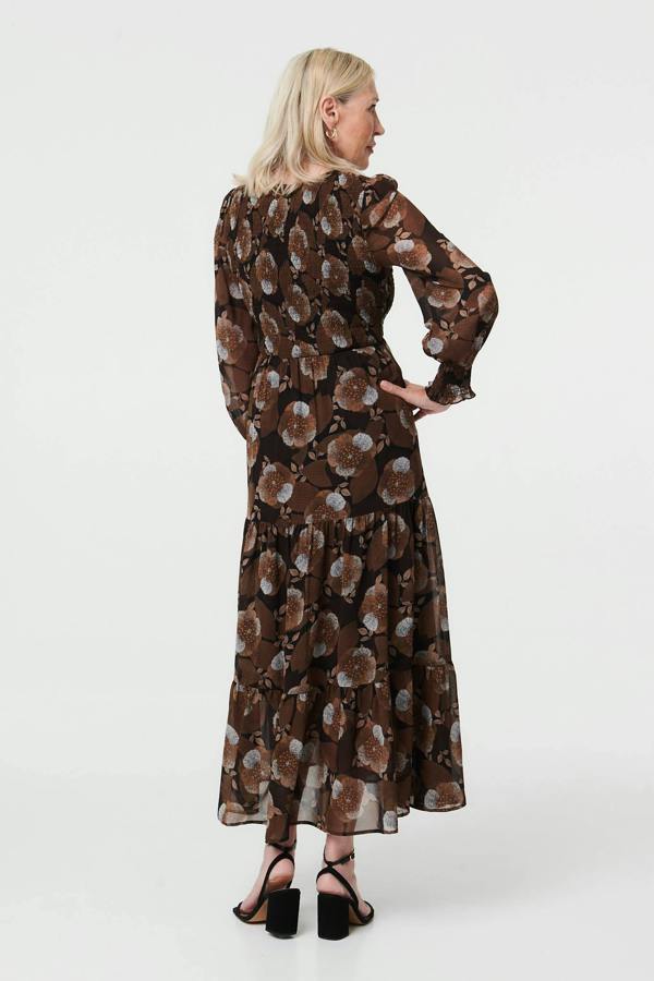 Brown | Printed Long Balloon Sleeve Maxi Dress
