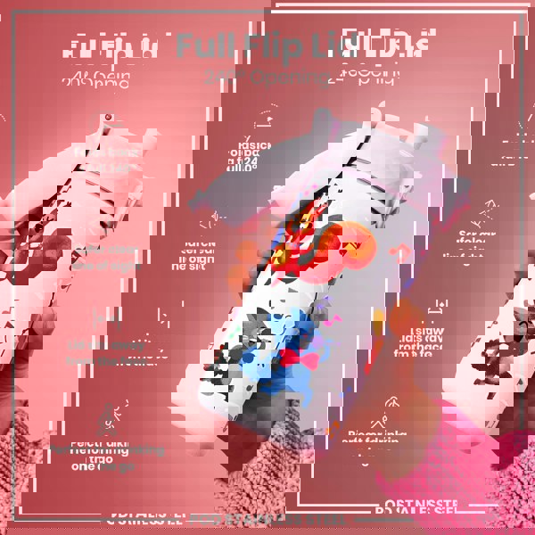 A lavender stainless steel water bottle, featuring cartoon animals, is held; its flip lid opens 240 degrees. The bottle is designed for convenient on-the-go drinking. Full Flip Lid. 240° Opening. POD STAINLESS STEEL.