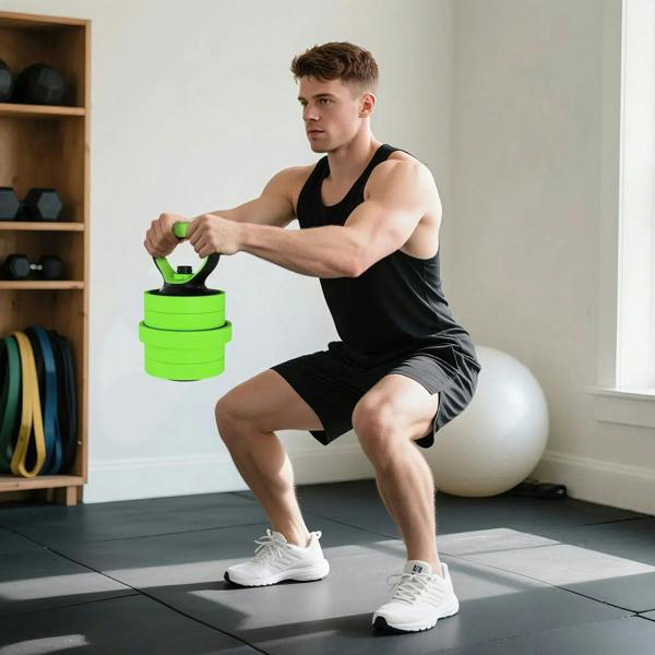 Green adjustable kettlebell-style weight with stacked plates held by a person in a squat
