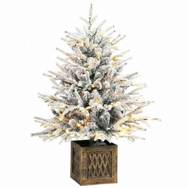 Bobobiy 90 cm Prelit Flocked Table Christmas Tree, Artificial Christmas Tree with 70 Warm White LED Lights, 488 Tips, Green