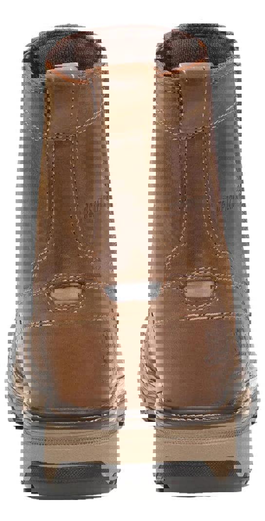 Caterpillar Pelton Mens Steel Toe/Midsole Safety Pull On Dealer Boots, front view of the brown leather work boot showing its sturdy construction and safety features.