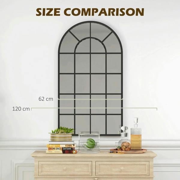 Black arched wall mirror size comparison diagram with window grid frame