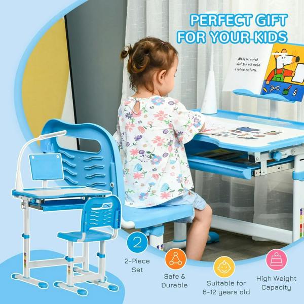 Kids blue study desk and chair set, 2-piece with paper stand and drawer