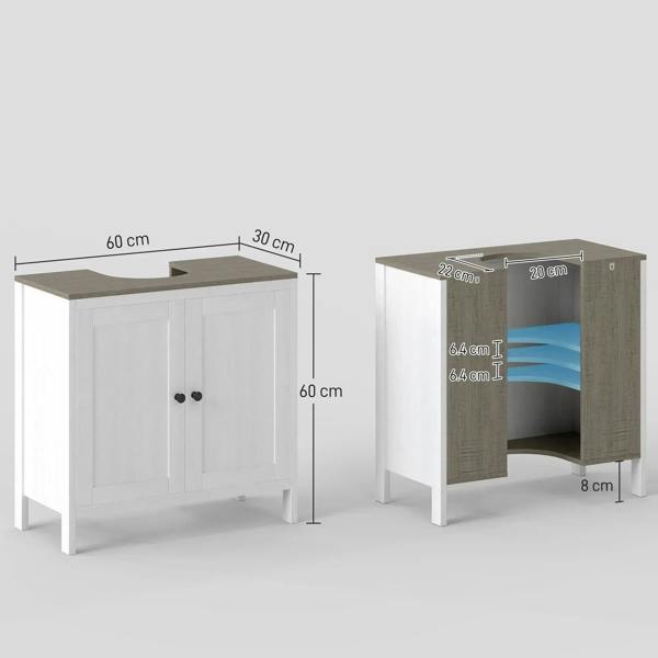 White sink base cabinet with dark top; side view and open door measurements shown.