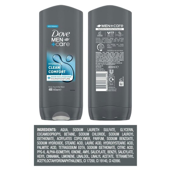 Dove Men+Care Hydrating Clean Comfort 3-in-1 Hair, Face and Body Wash 3x400ml