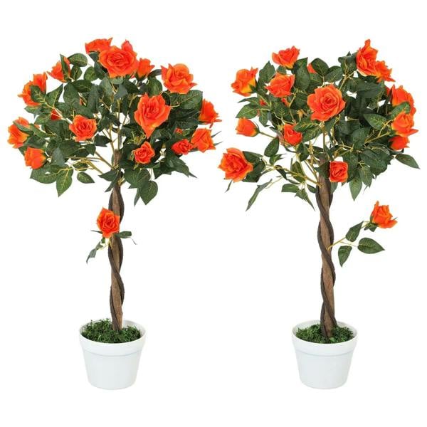 Set of two artificial orange rose plants with green leaves in white pots