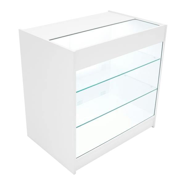 Theia LED Shop Counter Set in white features a sleek design with glass shelves, perfect for showcasing products in retail spaces