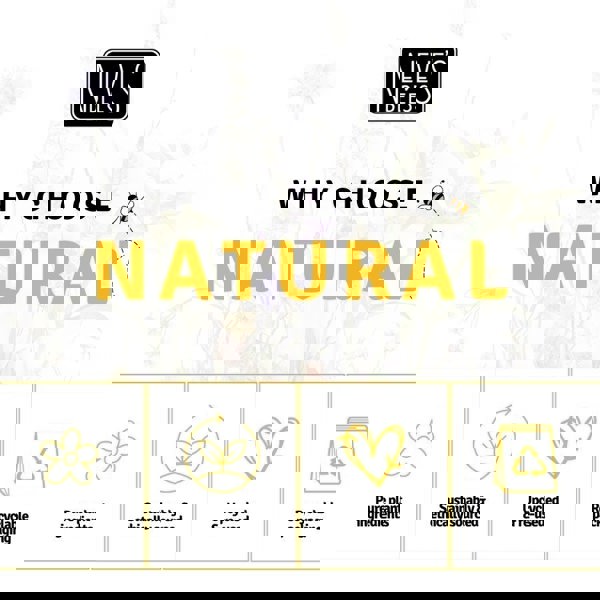 Neve’s Bees ‘Why Choose Natural’ graphic with wildflowers background, bee illustration, and icons highlighting pure plant ingredients, sustainably & ethically sourced, upcycled & reused materials, and recyclable packaging