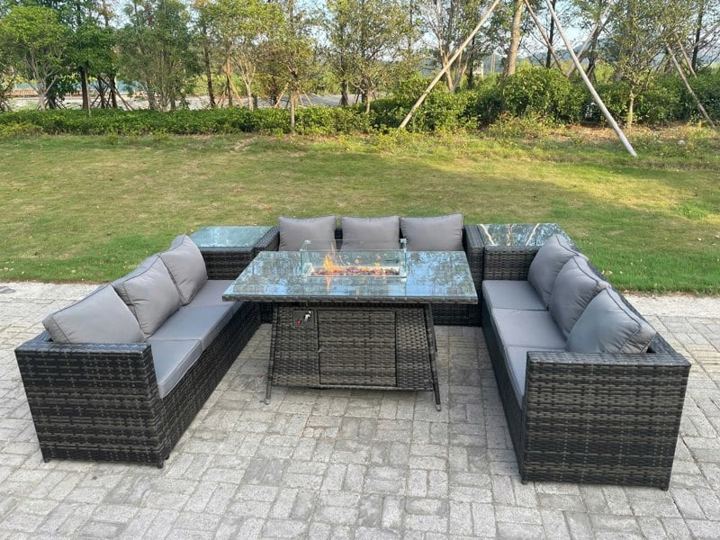 Fimous Outdoor Rattan Garden Furniture Gas Fire Pit Dining Table Gas Heater Sets Side Tables Dark Mixed Grey 9 Seater