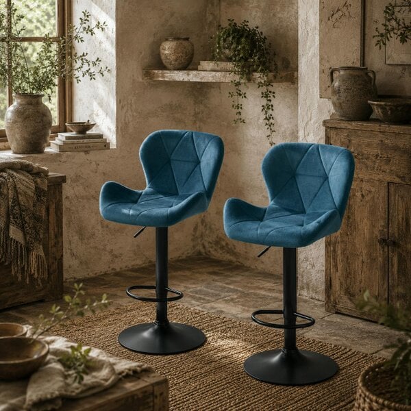 Wyld Haus Rottira Velvet Blue Adjustable Swivel Bar Stools Set Of 2 With Sculpted Seat And Footrest