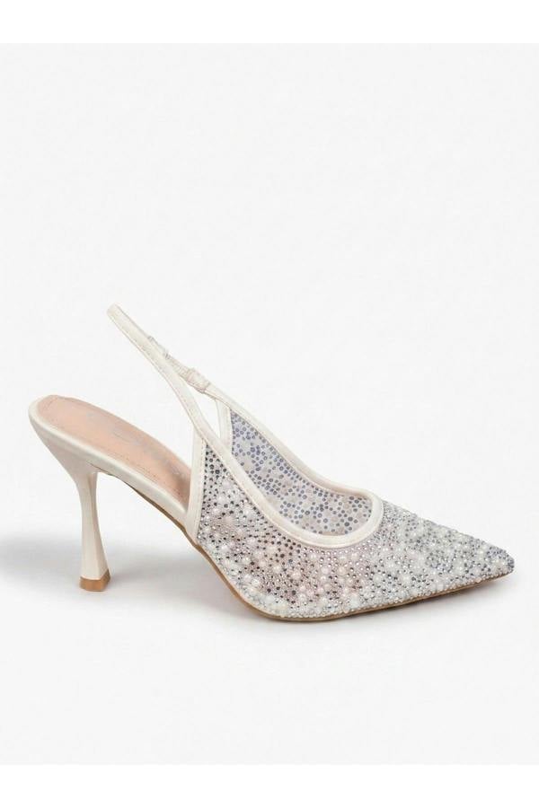Saoirse Embellished Mesh Pointed Toe Heels - White