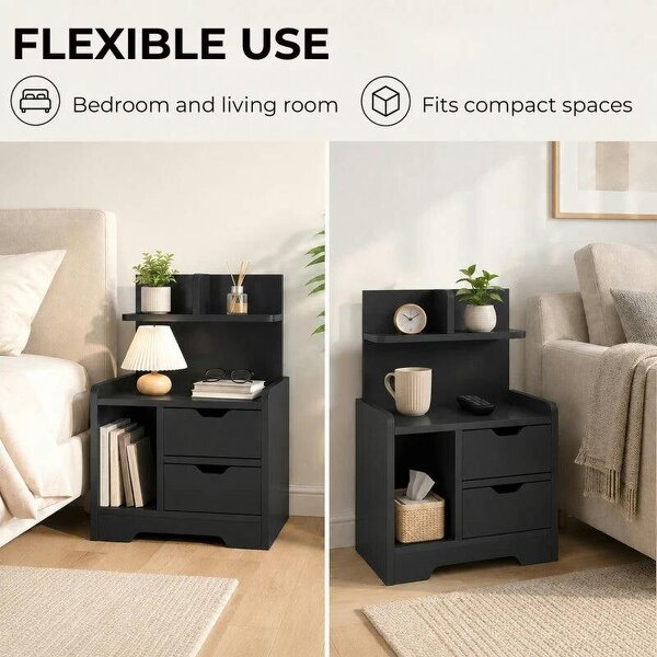 Bedside Table, Small Bedside Cabinet with 2 Drawers and Storage Shelves for Bedroom, Black Wood Effect