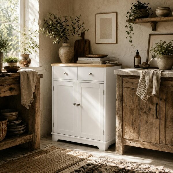 Wyld Haus Colalu Wooden Kitchen Cabinet With Solid Natural Top 2 Doors 2 Drawers