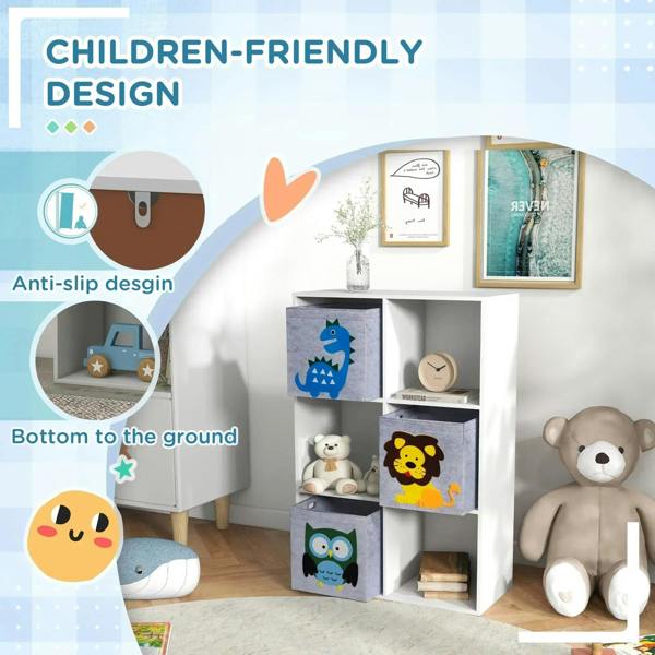 White kids toy storage cabinet with non-slip style base and fabric drawers with animal prints
