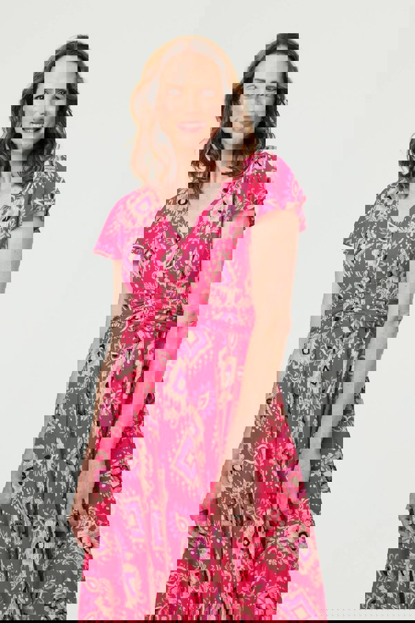 Pink | Printed Cap Sleeve Ruched Maxi Dress
