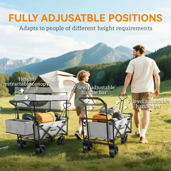 Grey folding wagon cart with overhead canopy, adjustable handle bar, four wheels