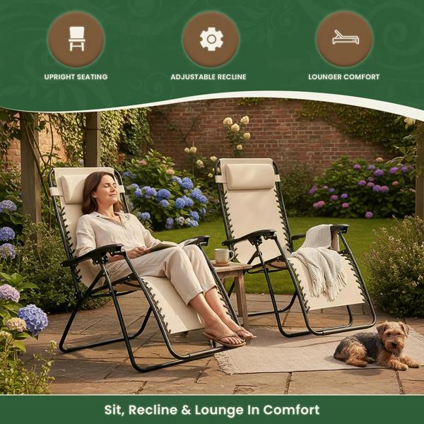Reclining Garden Chairs – Set of 2 Folding Sun Loungers with Lockable Positions, Adjustable Headrest & Weatherproof Textoline, Beige