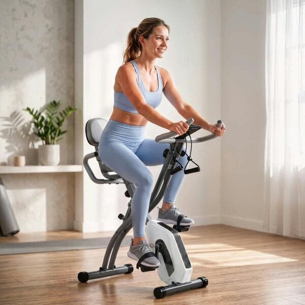 4-In-1 Folding Exercise Bike with Resistance Bands, Bluetooth App, 8-Level Magnetic Resistance, LCD Display, Grey