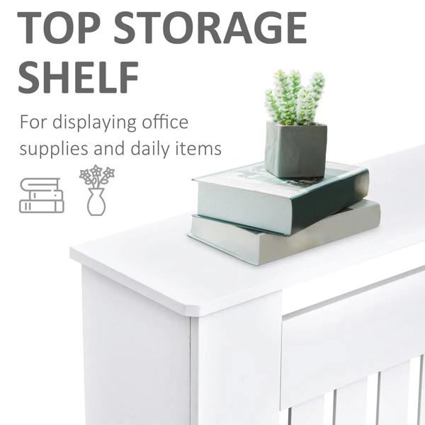 White radiator cover with flat top shelf surface and slatted front grille