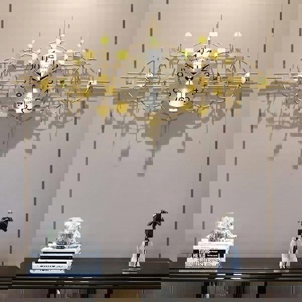 Cohen Art Deco Gold Wall Clock, Silent Clock, Horizontal Or Vertical with mango wood sideboard