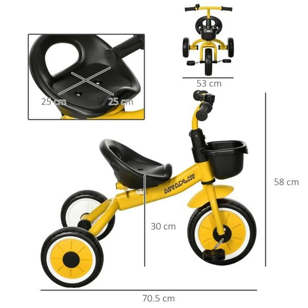 Yellow kids tricycle with adjustable seat, black handlebar column, and front wheels