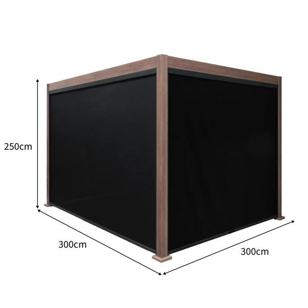 Wood effect aluminum pergola with blinds, 3m x 3m, featuring a sleek design, dark fabric blinds, and sturdy wood-like frame
